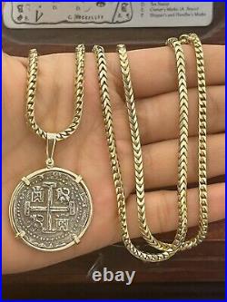 Atocha Silver Coin Pendant In 14k Gold Bezel With 14k Solid Gold Franco Chain26