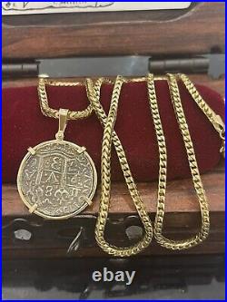 Atocha Silver Coin Pendant In 14k Gold Bezel With 14k Solid Gold Franco Chain26