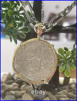 Atocha Silver Coin Pendant In 14k Real Solid Gold Bezel