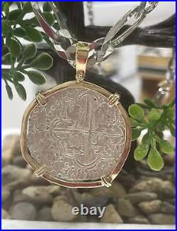 Atocha Silver Coin Pendant In 14k Real Solid Gold Bezel