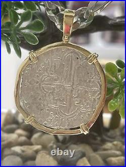 Atocha Silver Coin Pendant In 14k Real Solid Gold Bezel