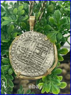 Atocha Silver Coin Pendant In 14k Real Solid Gold Bezel