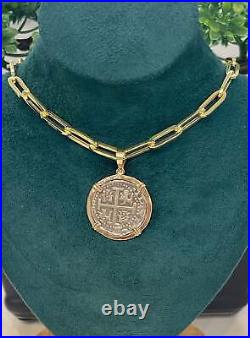 Atocha Silver Coin Pendant In 14kt Solid Real Gold Bezel