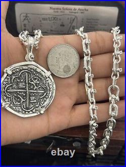 Atocha Silver Coin Pendant With Solid 925 Sterling Silver Shackle Chain 24