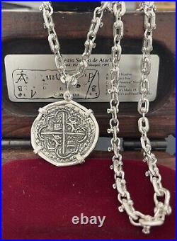 Atocha Silver Coin Pendant With Solid 925 Sterling Silver Shackle Chain 24