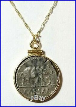 Authentic Julius Caesar Elephant Silver Denarius Coin 14K Solid Gold Necklace