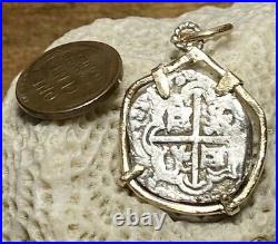 Authentic Spanish-Colonial 2-Reales Silver Shipwreck Cob Coin & Solid Gold Bezel