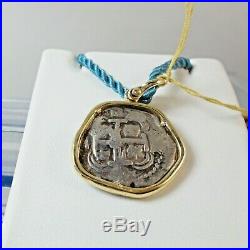 Authentic rare 2 reales 1734 Potosi silver coin pendant 18k solid gold frame