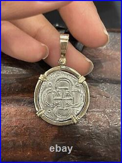 Beautiful Atocha Silver Coin Pendant In 14k Solid Gold Bezel