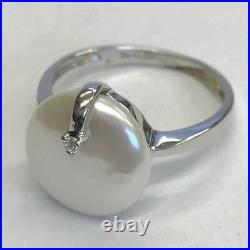 Beautiful Solid 9ct White Gold Coin Pearl Diamond Ring Size M1/2-N