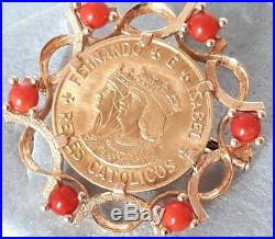 Beautiful Vintage 18ct 750 Solid Gold Coin & Coral Brooch/pin -bespoke Quality