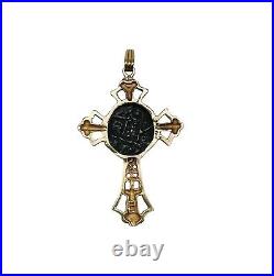 Beautiful Vintage Solid 14k Yellow Gold Ancient Coin Cross Pendant