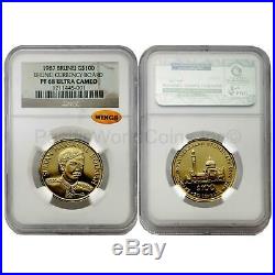Brunei 1987 Currency Board $100 Gold Proof Coin NGC PF 68 UC with wing label