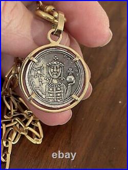 Byzantine Empire Constantine Rare Silver Coin in 14ct solid gold setting & chain