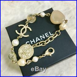 CHANEL BRACELET Gold Stone Pearl Gold CC Logo Gold Coin A14C Authentic France