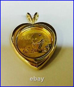 CHINESE PANDA BEAR COIN Heart Shape Pendant Solid 14k Yellow Gold Finish