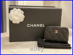 Chanel Zipped Coin Purse In Black Quilted Caviar Leather with Gold Hardware