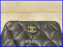 Chanel Zipped Coin Purse In Black Quilted Caviar Leather with Gold Hardware