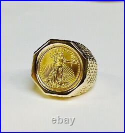 Charm Men's 20 mm Coin American Eagle Ring with Vintage Solid 14K Yellow Gold