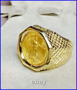Charm Men's 20 mm Coin American Eagle Ring with Vintage Solid 14K Yellow Gold
