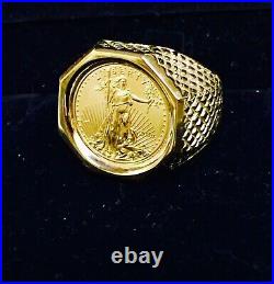 Charm Men's 20 mm Coin American Eagle Ring with Vintage Solid 14K Yellow Gold