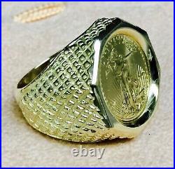 Charm Men's 20 mm Coin American Eagle Ring with Vintage Solid 14K Yellow Gold