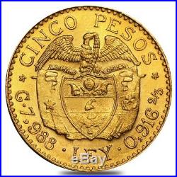 Colombia Gold 5 Pesos Coin Avg Circ AGW. 2355 oz (1919-1930, Random)