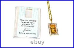 Credit Suisse 1g Gold Bar Coin Necklace 14K Solid Gold 0.32tcw Diamond Necklace