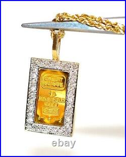 Credit Suisse 1g Gold Bar Coin Necklace 14K Solid Gold 0.32tcw Diamond Necklace