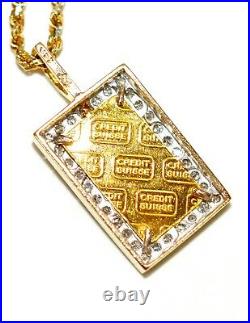 Credit Suisse 1g Gold Bar Coin Necklace 14K Solid Gold. 32tcw Diamond Necklace