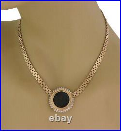 Diamond 14k Yellow Gold Medallion Coin Pendant Square Link Necklace