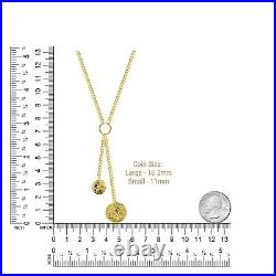 Double Coin Lariat Necklace 14K Solid Gold Women Adjustable Cuban Link Chain