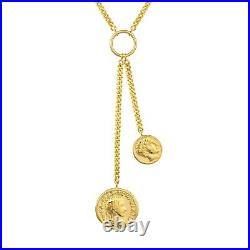 Double Coin Lariat Necklace 14K Solid Gold Women Adjustable Cuban Link Chain