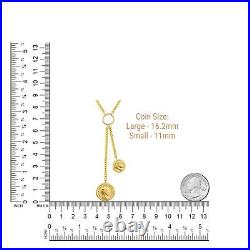 Double Coin Lariat Necklace 14K Solid Gold Women Adjustable Cuban Link Chain