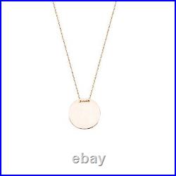 Engravable Flat Disc Pendant Necklace Solid 14K Real Gold Adjustable Cable Chain