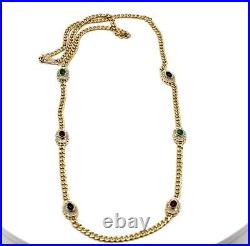 Estate14K Solid Yellow Gold Gemstones & Diamond Curb Chain Link Necklace 31in