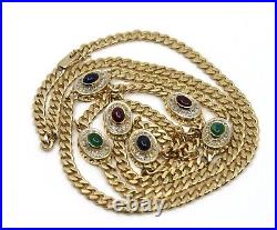 Estate14K Solid Yellow Gold Gemstones & Diamond Curb Chain Link Necklace 31in