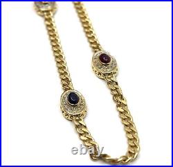 Estate14K Solid Yellow Gold Gemstones & Diamond Curb Chain Link Necklace 31in