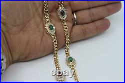 Estate14K Solid Yellow Gold Gemstones & Diamond Curb Chain Link Necklace 31in