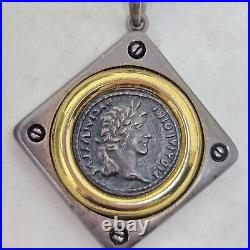 Fine Silver 18k Gold Plate Ancient Coin Pendant Necklace Roman Emperor