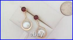 Freshwater Coin Cultured Pearl & Rhodolite Garnet Earrings 14K Solid Gold