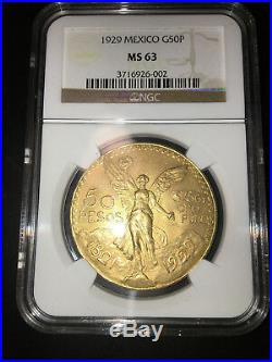 GOLD 1929 Mexico 50 Pesos MS 63 gorgeous 1.2056 Troy oz GOLD coin