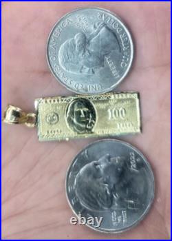 GOLd Money $ $100 Hundred Dollar Pendant bill SOLID 10K Luck Hip Hop gift 1.50