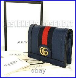 GUCCI blue OPHIDIA leather blue-red web Gold MARMONT GG Mini wallet NIB Authentc