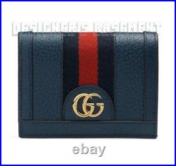 GUCCI blue OPHIDIA leather blue-red web Gold MARMONT GG Mini wallet NIB Authentc