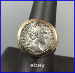 Genuine Ancient Silver Coin in Solid 14k Gold Ring Size 8.5 20.5g