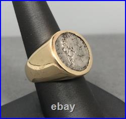 Genuine Ancient Silver Coin in Solid 14k Gold Ring Size 8.5 20.5g