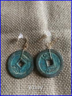Genuine authentic Ancient Chinese Shipwreck Coin solid gold earrings feng shui Genuine authentic Ancient Chinese Shipwreck Coin solid gold earrings feng shui