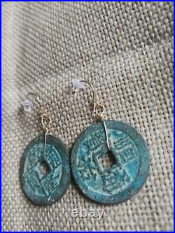 Genuine authentic Ancient Chinese Shipwreck Coin solid gold earrings feng shui