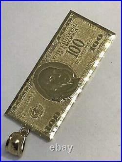 GoLD 14k $ $100 Hundred Dollar Bill Money Pendant solid real Luck necklace 1.80